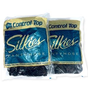 Vintage Silkies Control Top Pantyhose w/ SUPPORT Legs. 2 Pair LARGE - Jet Black